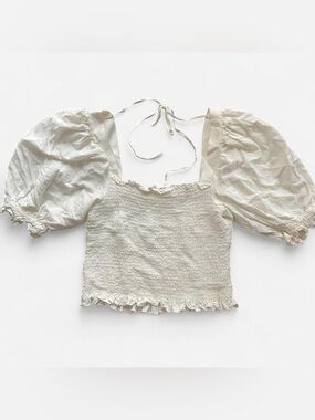 H&M Cream Smocked Puff-Sleeve Crop Top